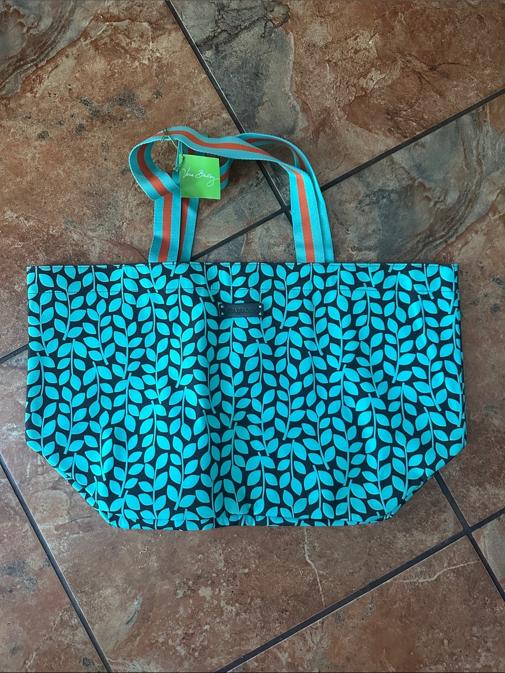 Vera Bradley Turquoise Leaf-Print Tote with Striped Handles
